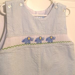Boys Petit Bebe Seersucker Shortall with Elephant Smocking. Size 4T.